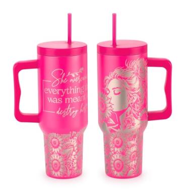 Imagem de Copo de girassol de 1,134 g com alça e tampa de palha, copo isolado, reutilizável, caneca de viagem de aço inoxidável, compatível com porta-copos, presentes para mulheres, mãe dela, rosa