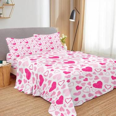 Imagem de SNcek Jogo de lençol infantil de coração rosa, tamanho solteiro, 4 peças de microfibra com estampa de amor para meninas