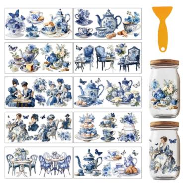 Imagem de GOMAKERER 12 peças de envoltórios de copo DTF UV retrô azuis, adesivos de transferência DTF UV de 4,3 x 23 cm para chá da tarde UV DTF, decalques de transferência à prova d'água para garrafas de vidro