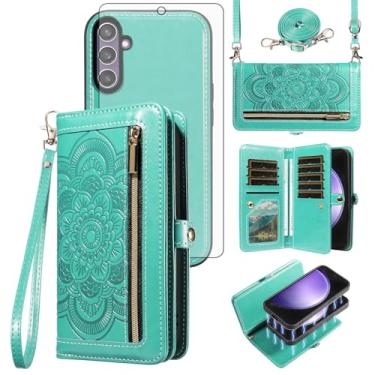 Imagem de Asuwish Capa de celular para Samsung Galaxy S24 FE 5G carteira com zíper destacável com protetor de tela de vidro temperado alça de pulso flor porta-cartão de crédito S 24 EF AI S24FE 24S 24FE