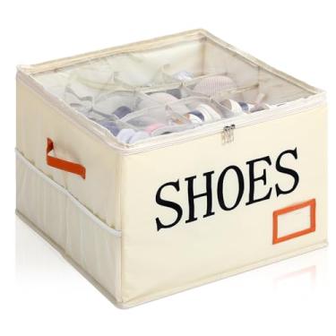 Imagem de Amyhill Organizador de sapatos para armário com texto de sapatos impressos, caixas de armazenamento dobráveis grandes com capa transparente, alças reforçadas e bolsas de malha, serve para 16 pares