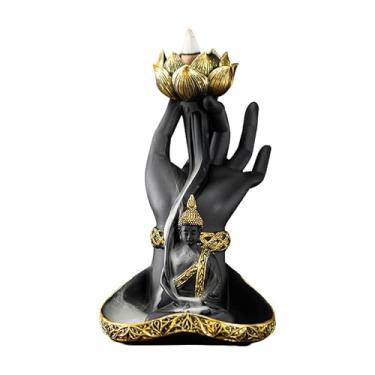 Imagem de Queimador de incenso e suporte de vela de lótus portátil – Fonte de incenso de cascata zen com estátua de Buda, queimador de incenso de resina para decoração de casa, meditação e relaxamento de ioga