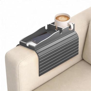 Imagem de Korser Mesa de apoio de braço de sofá, bandeja de apoio de braço de sofá com suporte de copo removível, bandeja de apoio de braço antiderrapante 2 em 1, suporte de copo de sofá dobrável de bambu, para