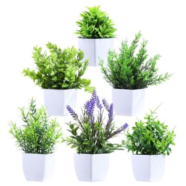Imagem de Clearain Pacote com 6 mini plantas artificiais em vasos para mesa, mesa, lavanderia, banheiro, escritório, decoração (branco)