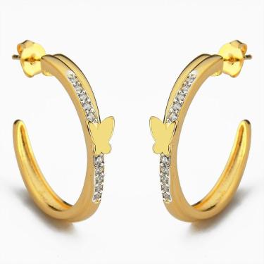 Imagem de Brinco Argola Cravejada Zircônias Borboleta Banhada A Ouro 18k