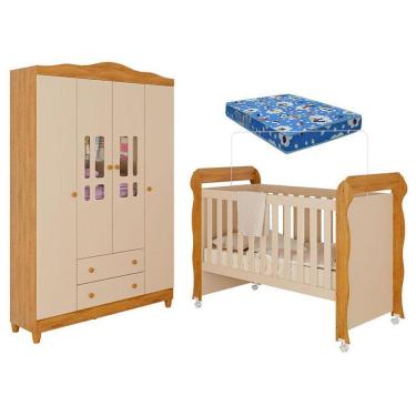 Imagem de Berço Americano Mirelle E Guarda Roupa Infantil Ariel 4 Portas Off White Bétula Com Colchão Ortobom- Carolina Baby