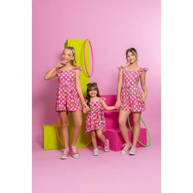Imagem de Macaquinho Estampado Xadrez com Frutas - Marias - Rosa - 14, Rosa, 14