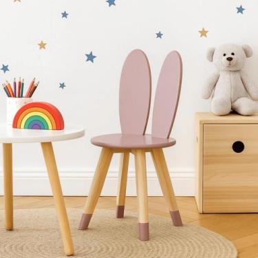 Imagem de Cadeira Infantil Orelha Coelho Pés em Madeira e Assento MDF Cor:Rosê -