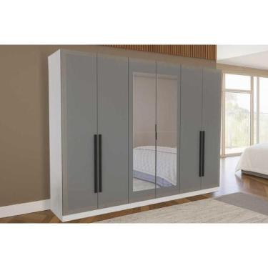 Imagem de Guarda Roupa 6 Portas (2 c/ Espelho) e 4 Gavetas Valência Branco/Cinza