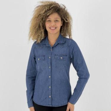Imagem de Camisa Cris Jeans Manga Longa Jeans Feminina, P, Jeans claro