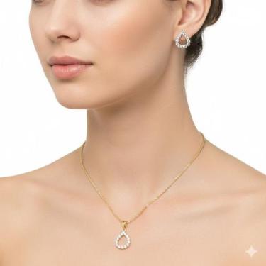 Imagem de Conjunto Gota Vazada Zircônia Facetada Banho Ouro 18k - Conjunto Gota 