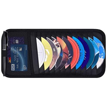 Imagem de Suporte para CD de carro, organizador de viseira solar para veículos Wisdompro para carros com 12 capas de armazenamento de DVD, 1 bolso de malha, 1 suporte para caneta e alça elástica, preto