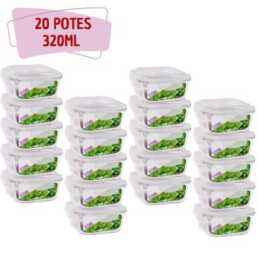 Imagem de Kit 20 Pote Tampa Hermetica Quadrado de Vidro 320ml Alimento