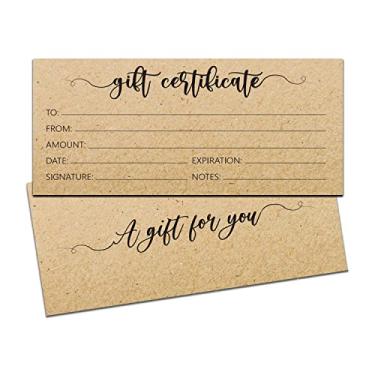 Imagem de Certificados de presente em branco para negócios – 25 cartões de presente rústicos com vales-presente para spa, salão, restaurantes, vouchers de cliente personalizados para aniversário, 10 x 22 cm (design Kraft)