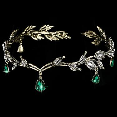 Imagem de KRDADELF Tiaras E Coroas De Folhas De Esmeralda Para Mulheres Meninas De Cristal Ajustável Elfo Headpiece A Noiva Cosplay Festa Baile Halloween Jóias Decoração Verde Tiara 6.5” Bronze-Esmeralda Antiga