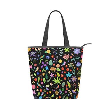 Imagem de Bolsa feminina durável de lona, floral, folhas, bagas, pássaros, flores, bolsa de ombro para compras