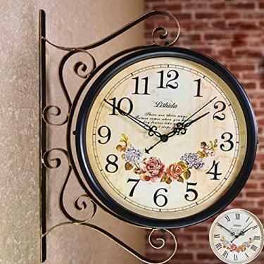 Imagem de Relógio de parede retrô de dois lados com aparência antiga marrom de aparência antiga de ferro forjado relógio de parede lustre redondo relógio de parede decoração de casa relógio de parede decoração