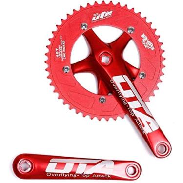 Imagem de OTA Pedaleira de velocidade única 48T 170mm Crankarms 130 BCD dobrável com capa protetora para bicicleta de velocidade única, bicicleta de estrada de pista, engrenagem fixa, fixie, Dahon (vermelho)