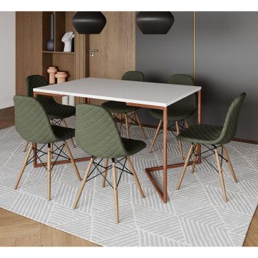 Imagem de Mesa Jantar Industrial Branca Base V Cobre 137x90cm com 6 Cadeiras Madeira Estofadas Verdes