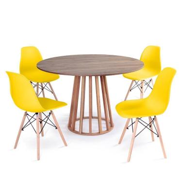 Imagem de Conjunto Mesa de Jantar Redonda Talia Amadeirada Natural 120cm com 4 Cadeiras Eames Eiffel - Amarelo
