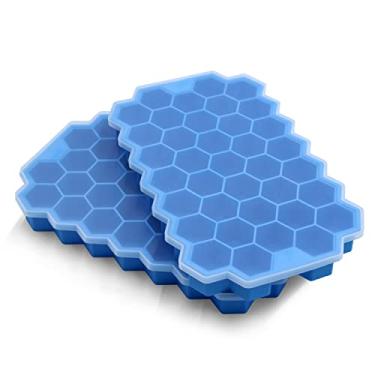 Imagem de Bandeja de cubos de gelo com tampa para geladeira - Bandeja de cubos de gelo de silicone com tampa para máquina de gelo 2 unidades pretas, colher de café em cubos de gelo reutilizável de fácil liberaç