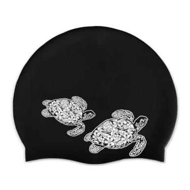 Imagem de WIRESTER Touca de natação para adultos, touca de natação de silicone durável para homens e mulheres, touca de banho confortável impermeável para cabelos curtos médios longos - preta (tartarugas