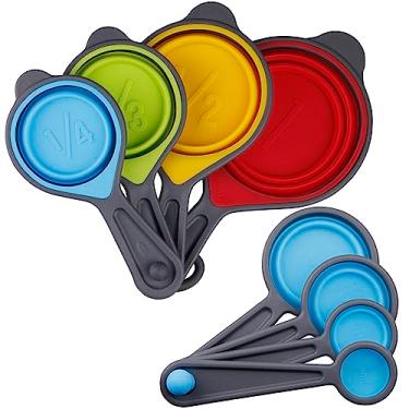 Imagem de SPUVGVC Conjunto de copos e colheres de medição, copos e colheres de medição de silicone dobráveis, 8 peças de copo de medição de silicone de grau alimentício para medição líquida e seca e copo de