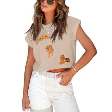 Imagem de Imily Bela Camisetas femininas estilo tigre cropped manga cavada verão casual gola redonda camisetas vintage, Cáqui claro, P