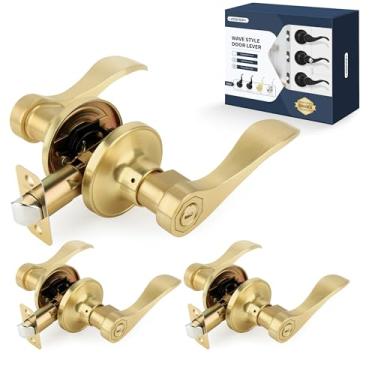Imagem de LOQRON Maçaneta de porta estilo onda de privacidade, pacote com 3 maçanetas interiores sem chave reversíveis para canhoto/direito para quarto, banheiro, sala de estar com acabamento em latão acetinado