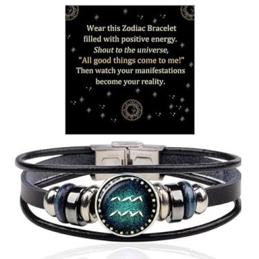 Imagem de 2 peças pulseiras de gravata do zodíaco manifestação signos do zodíaco espírito 12 constelações feitas à mão contas tecido multicamadas pulseira de couro ajustável acessórios de joias presente para