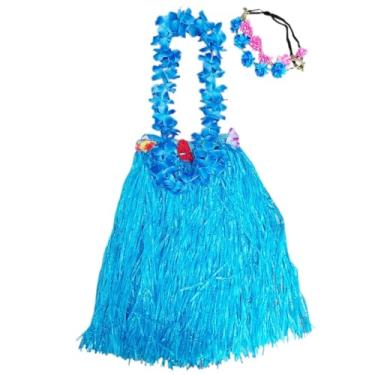 Imagem de Fantasia Adulto Havaiana Festa Temática Tropical Luau Carnaval Hawaiana: Saia + Colar + 2 Tiaras Flores Cores Sortidas (Azul)
