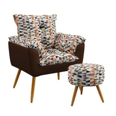 Imagem de Poltrona Decorativa Opala com Puff Solar Sued Estampado Laranja com Ma