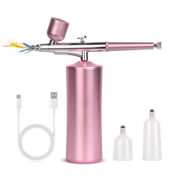 Imagem de siyuwuro Kit de aerógrafo com compressor recarregável, sem fio, bocal de 0,3 mm, conjunto de aerógrafo portátil ajustável para arte de unhas, maquiagem, pintura, decoração de bolo, rosa