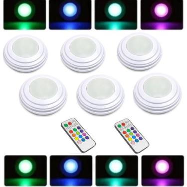 Imagem de Kit 6 Luminárias Lâmpadas Spots Led Redondas Adesivas A Pilhas RGB Col