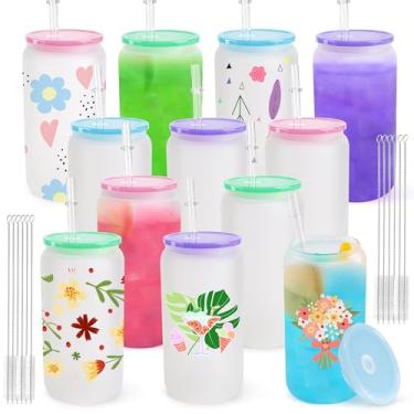 Imagem de Joyclub Pacote com 12 copos de vidro de sublimação fosco em branco 473 ml copos de vidro de lata de borossilicato com tampas de acrílico para cerveja, suco, refrigerante, café gelado