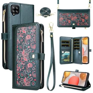 Imagem de Dswteny Capa carteira floral para Samsung Galaxy A42 5G com alça de pulso alça de ombro bolsa com zíper, flip de couro PU, suporte para cartão de crédito, capa para celular A 42 G5 42A S42 4G 2021
