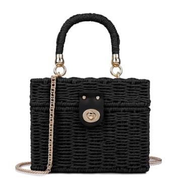 Imagem de Bolsa Feminina Youjaree, Preta, Bolsa de Ombro Transversal de Palha para Praia, Bolsa de Mão com Alça Superior e Corrente, 7.94 cm x 19.05 cm x 38.1 cm