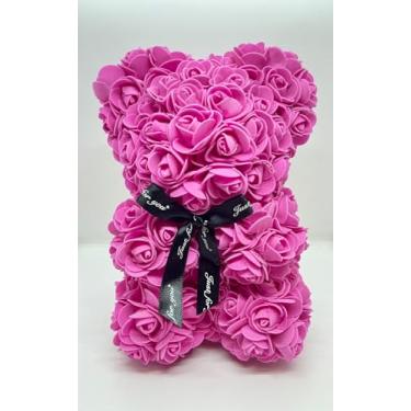 Imagem de Urso de pelúcia rosa com flor rosa - Urso de pelúcia rosa feito à mão com caixa de presente transparente - Melhor presente para mulheres, dia das mães, dia dos namorados, casamento, Natal,
