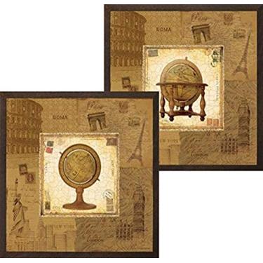 Imagem de Buyartforless Conjunto Globo I e II com moldura de trabalho por Pela Design 30,5 x 30,5 cm, pôster de impressão artística de viagem, mapa vintage Roma, Londres Paris Nova York, marrom