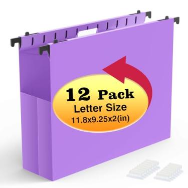 Imagem de Shutex Pastas de arquivo de plástico com capacidade extra, pacote com 12 pastas suspensas expansíveis reforçadas, tamanho carta, bolso sanfonado, expansão resistente, organizador de pastas suspensas