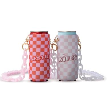 Imagem de Porta-refrigerador de lata fino quadriculado para despedida de solteira I Bachelorette Party Slim Can Cooler Holders para dama de honra compatível com 10 unidades