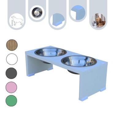Imagem de Comedouro Elevado Duplo Gato Cachorro Pet MDF Nick Branco - Inox - Mad
