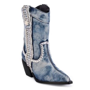 Imagem de driceic Botas femininas jeans com strass cowboy cano médio amêndoa pontiagudo salto bloco botas ocidentais strass azul 5, Strass azul, 41