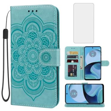 Imagem de Bohefo Capa para Moto G14, Motorola G14 XT2341-2 Capa carteira com protetor de tela de vidro temperado, capa flip de couro mandala com suporte para cartão de crédito para Motorola Moto G14 Verde