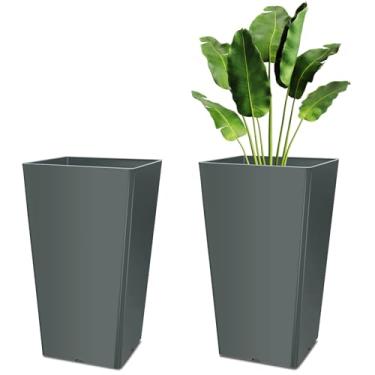 Imagem de Briwooody Conjunto de 2 vasos de flores grandes de resina com orifícios de drenagem modernos de 40,6 cm para varanda frontal e quintal (cinza)