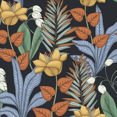 Imagem de Fvlow Papel de parede floral preto descasque e cole vintage floral escuro papel de parede folha de contato impermeável cobertura de parede autoadesivo para quarto, bancada, armários de mesa, decoração