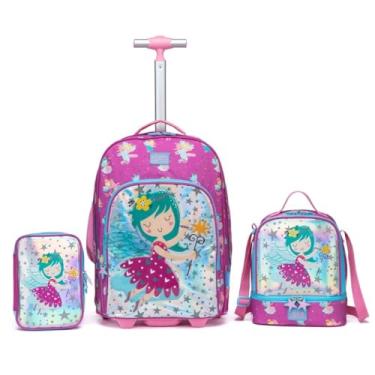 Imagem de Conjunto de Mochila Infantil com Rodas, Lancheira e Estojo, Tema Fada, Rosa e Azul, 3 Peças