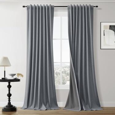 Imagem de Cortinas 100% pretas de linho de 250 cm de comprimento blackout para quarto, sala de estar, bolso traseiro, varão, pátio, portas deslizantes, cortinas blackout com isolamento térmico, texturizadas