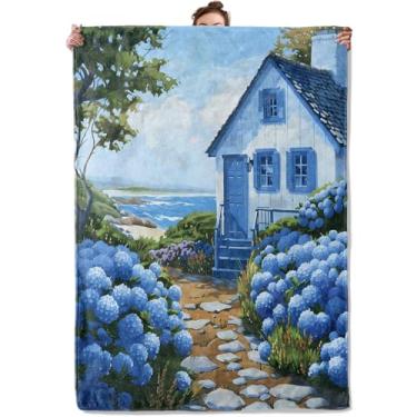 Imagem de TRYYN Cobertor de hortênsia azul para sofá, piquenique, acampamento, decoração ao ar livre, tema de jardim de casa à beira-mar, cobertores de lã fofos, supermacios, aconchegantes, presentes para