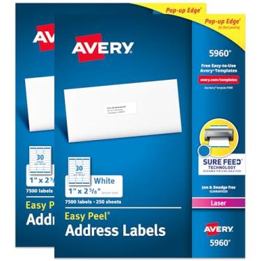 Imagem de Avery Etiquetas de endereço de correspondência, impressoras a laser, 15.000 etiquetas, 1 x 2-5/8, adesivo permanente, fácil peeling (2 pacotes 5960)